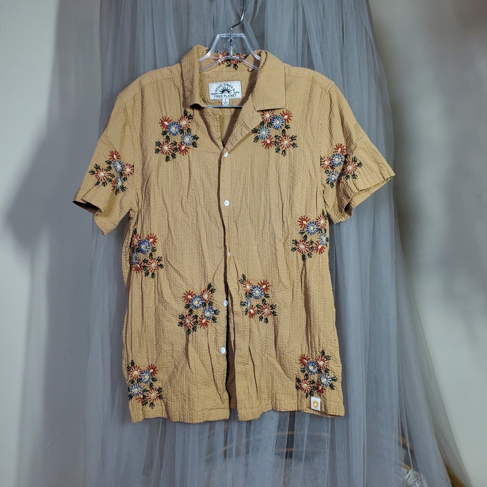 Free Planet Floral Embroidered Button Down Shirt Whimsical Folk Mens S Women M